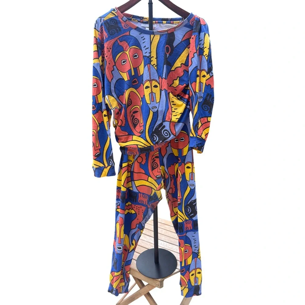 Ashley Stewart Curvy Girl 3X Abstract African Mask Print Lounge Set 2pc Blue Red
